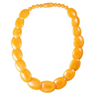 Amber bead necklace with oval-shaped beads.
