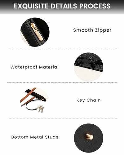 Bag details showing smooth zipper, waterproof material, key chain, and bottom metal studs.