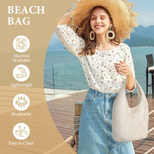 Woman with straw hat holding a beach bag, with features listed: machine washable, lightweight, breathable, easy to clean.