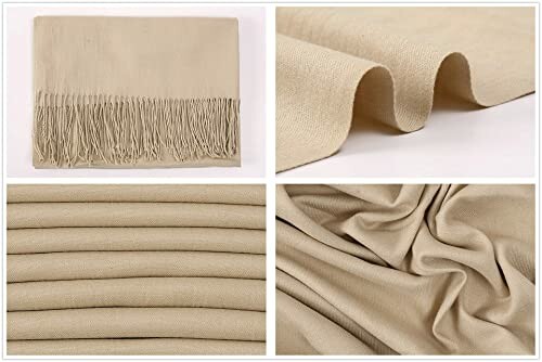 Beige cashmere scarf with fringes and fabric details.