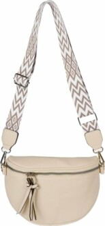 Beige crossbody bag with a chevron-patterned strap