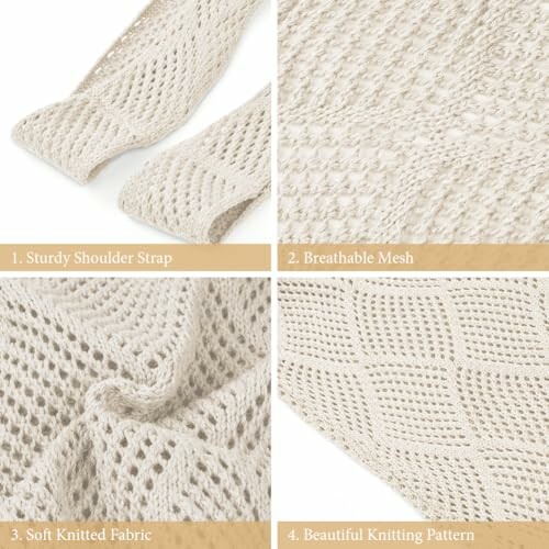 Four images showing details of a beige knitted fabric with sturdy shoulder strap, breathable mesh, soft texture, and beautiful pattern.