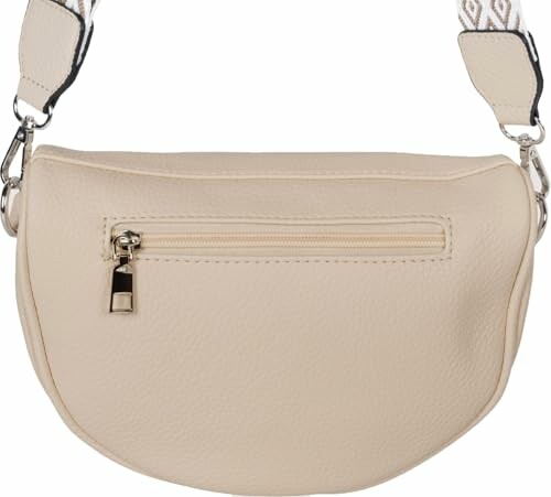 Beige leather crossbody bag with front zipper pocket and adjustable strap.