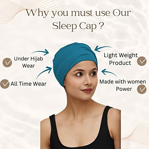 Woman wearing a blue sleep cap with benefits listed such as under hijab wear, lightweight, all-time wear, and made with women power.