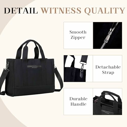 Black tote bag with smooth zipper, detachable strap, and durable handle.