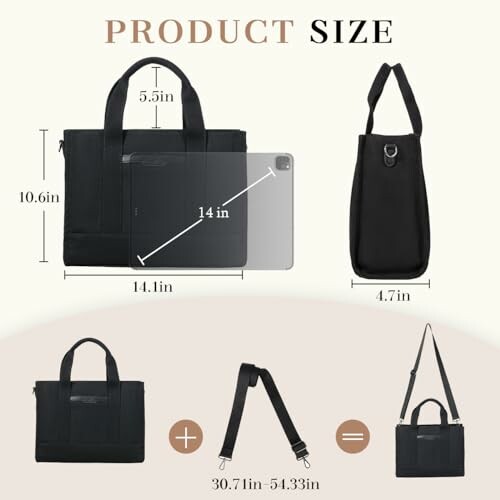 Black tote bag with dimensions and adjustable strap shown.