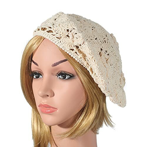 Mannequin head with blonde wig wearing a beige crochet beret