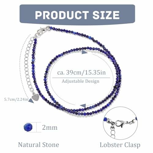 Blue stone necklace with adjustable lobster clasp and size details.