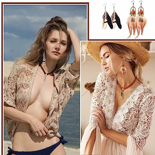 Women in bohemian outfits with feather earrings.