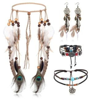 Bohemian jewelry set with headband, earrings, and bracelets featuring feathers and beads.