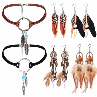 Bohemian style necklaces and feather earrings set.