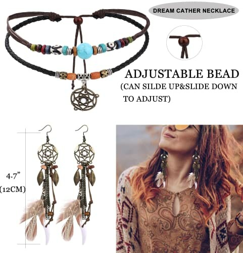 Boho style dreamcatcher necklace and earrings set with adjustable bead and feather details.