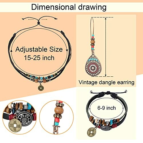 Boho jewelry set with adjustable necklace and vintage dangle earring.