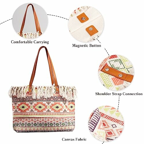 Boho tote bag with features: comfortable carrying, magnetic button, shoulder strap connection, canvas fabric.