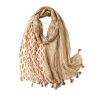Brown patterned scarf with tassels.