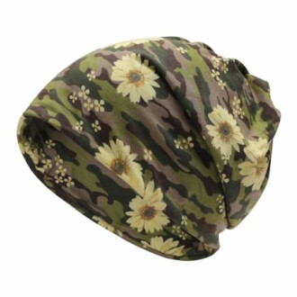 Camouflage beanie with yellow flowers