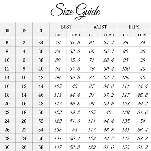 Clothing size guide table with UK, US, EU sizes, and measurements for bust, waist, and hips in cm and inches.