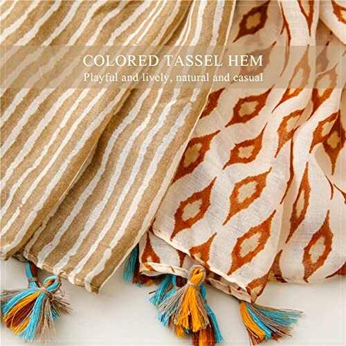 Fabric with colored tassel hem in striped and patterned designs.