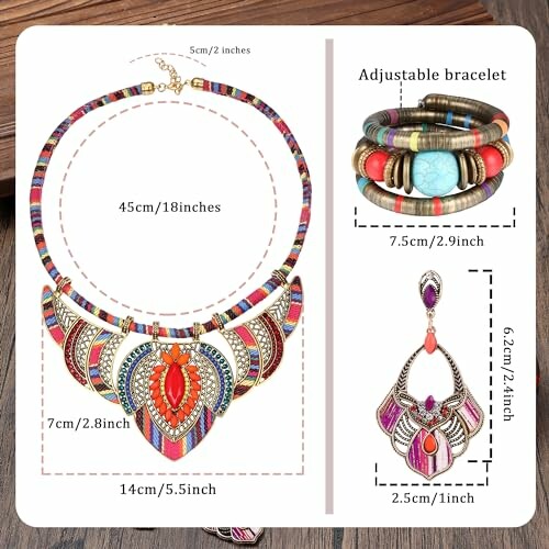 Colorful African-style necklace, bracelet, and earrings set with dimensions.