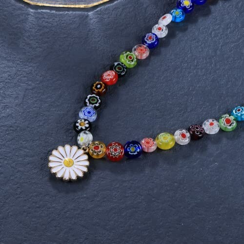 Colorful beaded necklace with flower pendant.