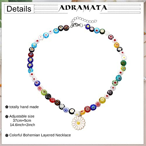 Colorful Bohemian necklace with flower pendant and adjustable chain.