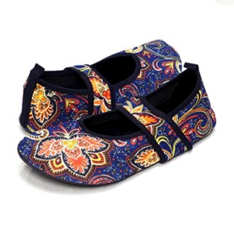 Pair of colorful floral women's shoes with straps.