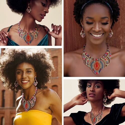 Collage of a woman wearing a colorful statement necklace and earrings.