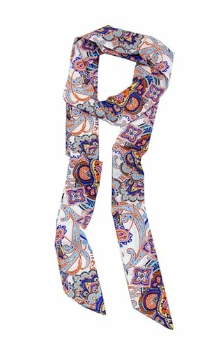 Colorful paisley patterned silk scarf on white background.