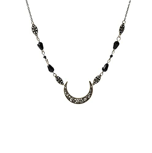 Crescent moon necklace with black beads