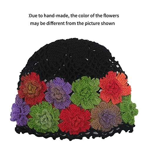 Crochet beanie with colorful flower design.