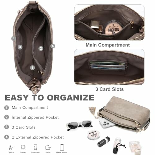 Crossbody bag with multiple compartments and accessories.