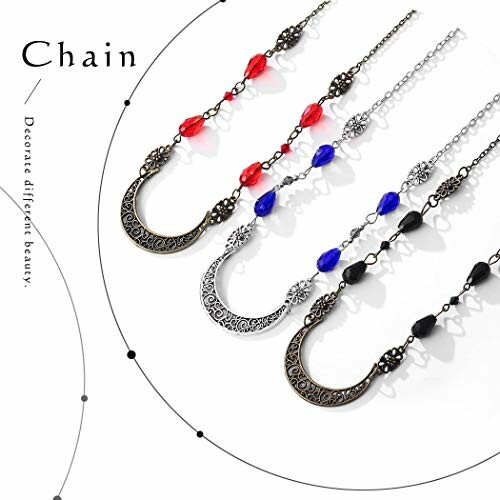Four decorative chain necklaces with red, blue, and black beads.
