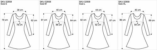 Dress size chart with measurements for sizes S, M, L, XL.