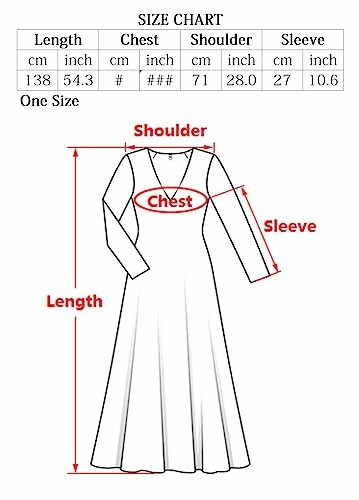 Diagram of dress with size measurements for length, chest, shoulder, and sleeve.