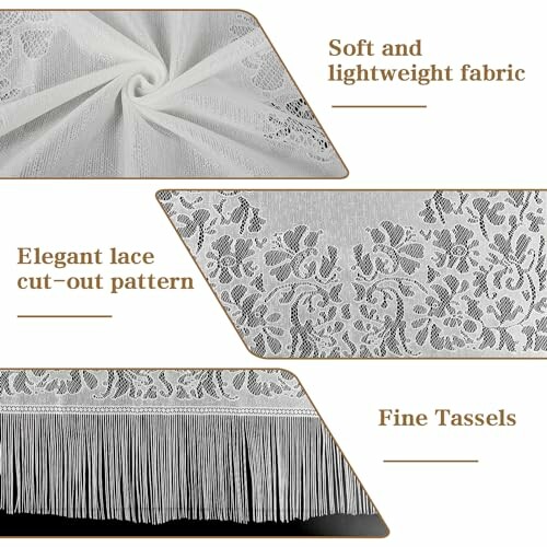Close-up of soft lightweight fabric with lace cut-out pattern and fine tassels.