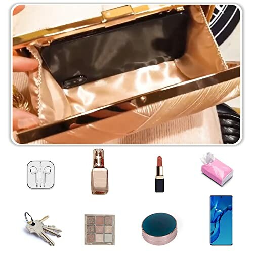 Open evening bag with phone, cosmetics, keys, and other items.