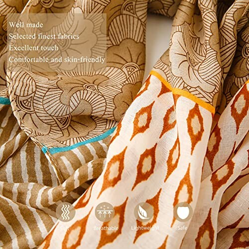 Close-up of fabric with floral and geometric patterns, featuring text about quality and safety.
