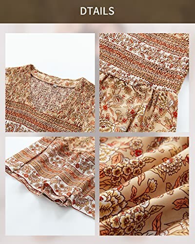 Close-up of floral bohemian dress details showing fabric patterns and textures.