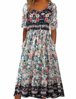 Woman wearing a floral maxi dress with short sleeves.