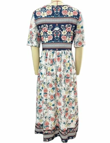 Back view of a floral patterned maxi dress with short sleeves.