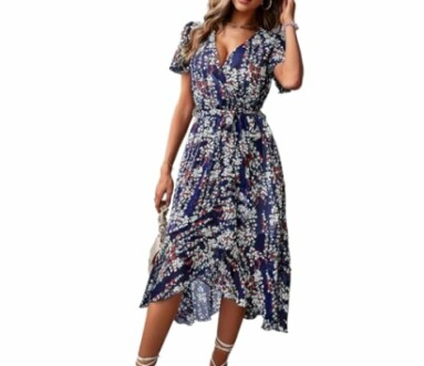 Woman wearing a floral maxi dress with a belt.