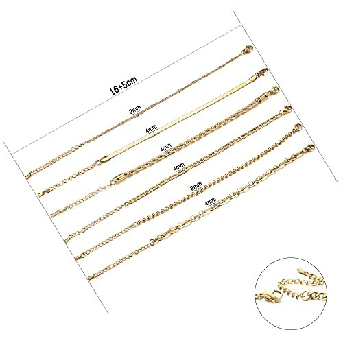 Set of various gold chain necklaces with size details