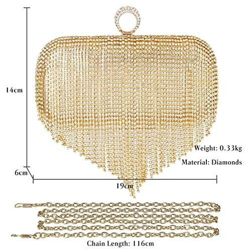 Gold diamond clutch bag with chain and dimensions