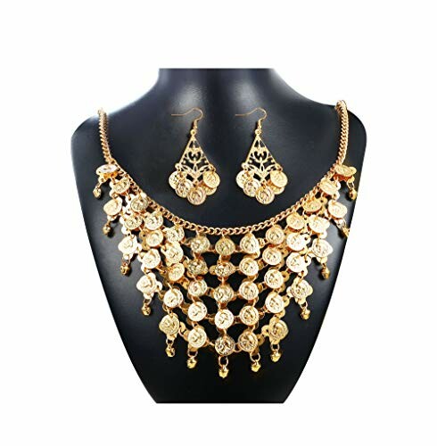 Gold coin necklace and earrings set on display bust