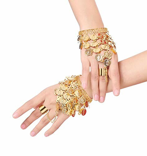 Hands adorned with gold coin jewelry and rings