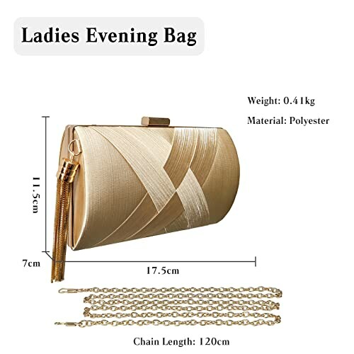 Golden ladies evening bag with dimensions and chain length.
