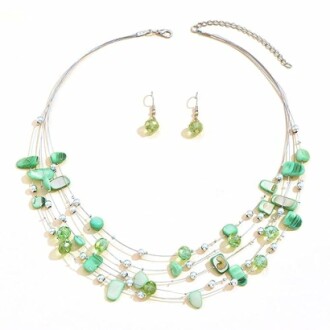Green stone necklace and earrings set on white background