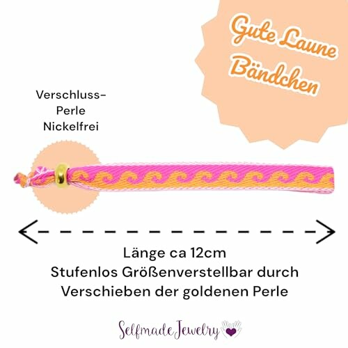 Pink and yellow bracelet with adjustable gold bead and text description.