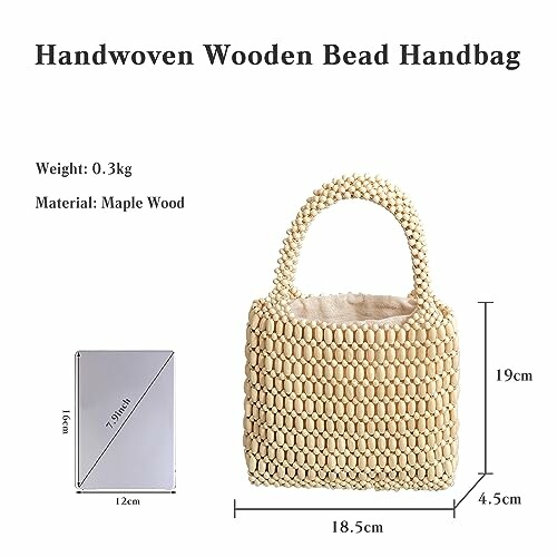 Handwoven wooden bead handbag with dimensions and weight.