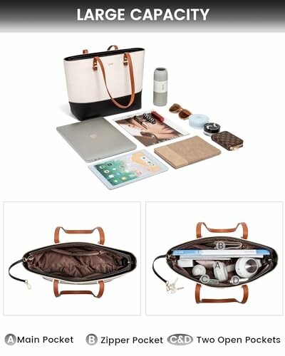 Large capacity tote bag with organized pockets and accessories.